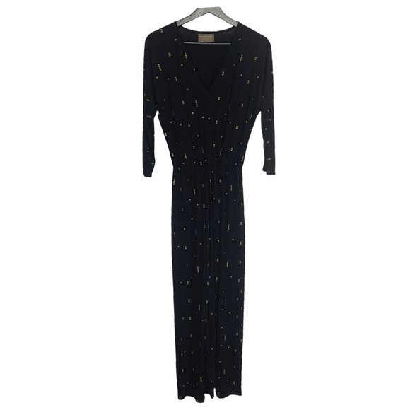 Bel Kazan Black Gold Micro Print Tapered Waist V Neck Dress Small - Picture 1 of 12